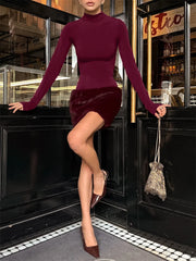 Red Turtleneck Long Sleeve Fur Patchwork Mini Dress