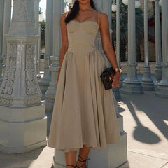 Solid Spaghetti Strap Bustier Pleated Midi Dress