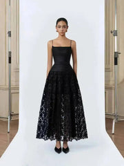 Black Pleated Strappy Mesh Hem Maxi Dress