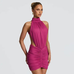 Bodycon Ruched Open-Back High-Neck Mini Dress