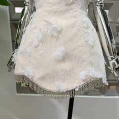 Beaded Tassel Hem Lace 3D Applique Strapless Mini Dress
