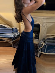 Blue Velvet Ruffles Backless Long Dress