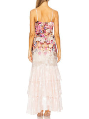 Floral Printed Ruffle Strappy Midi Dress