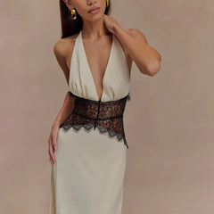 Satin Lace Patchwork V-neck Midi Dress