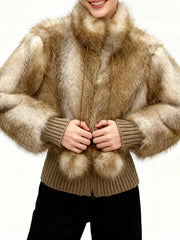 Brown Fur Fuzzy Zipper Short Jacket