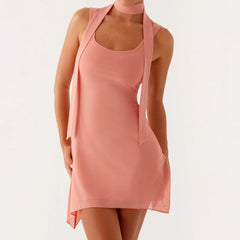 Peach Solid Strap Mini Dress with Scarf