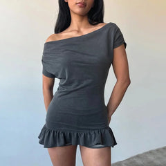 Off-Shoulder Strip Ruffle Hem Top