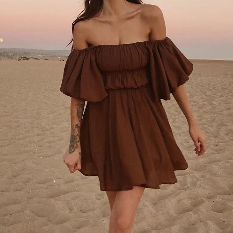Women's off-shoulder ruched A-line mini dress with puff sleeves.