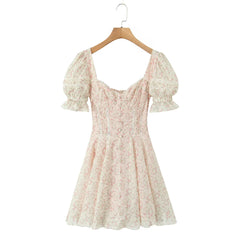 Beige Puff Sleeve Printed Mini Dress