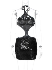 Black Sequin Cut Out Halter Mini Dress