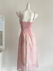 Pink Printed Frill Strap Midi Dress