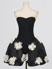 Black Strapless 3D Flower Flare Mini Dress