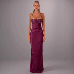 Sequin Strap Lace Up Back Satin Maxi Dress
