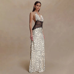 Satin Lace Patchwork V-neck Midi Dress