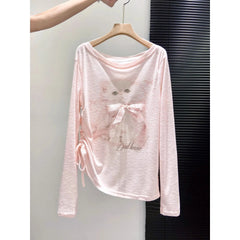 Pink Cat Print Long-Sleeved Top