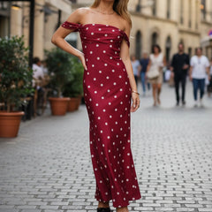 Red Off Shoulder Polka Dot Print Long Dress