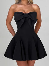 Large Bow Strapless Flare Mini Dress