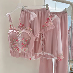 Pink Lace Embroidery 4 Piece Pajama Set