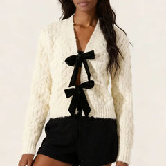 White Knit Tie Bow Front Cardigan