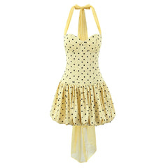 Yellow Polka Dot Tie Bow Halter Puff Hem Mini Dress