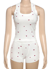 Heart Print Ribbed Tank Top And Boxer Shorts Set