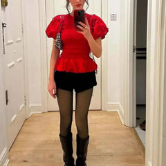 Red Short Puff Tie Up Removable Sleeve Smocked Top