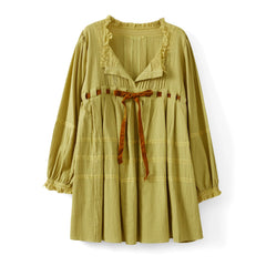 Bow Tie Long Puff Sleeve Embroidered Babydoll Mini Dress