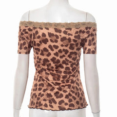 Off-shoulder Leopard Print T-shirt