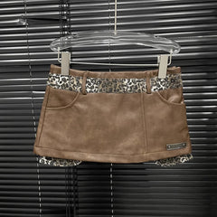 Brow Pu Printed Patchwork Corset And Mini Skirt Set