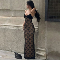 Black Lace Open Back Cami Maxi Dress