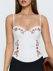 Spaghetti Strap Floral Embroidery Bodycon Top