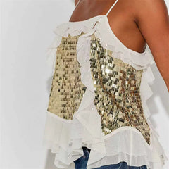 Gold Spaghetti Strap Sequin Ruffle Top