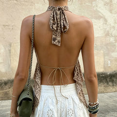 Leopard Print Deep Halter V-Neck Irregular Hem Top