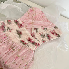 Pink Floral Pleated Slip Long Dress