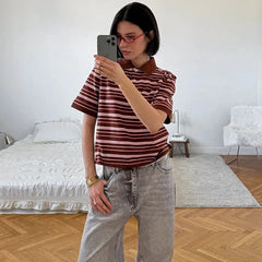 Retro Striped Short Sleeve Polo Neck T-shirt