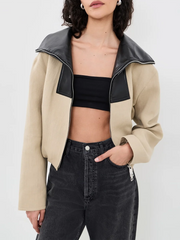 Contrast Stand Collar Cropped Zip Jacket