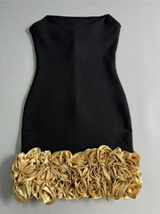 Black Strapless Gold 3D Flowers Mini Dress