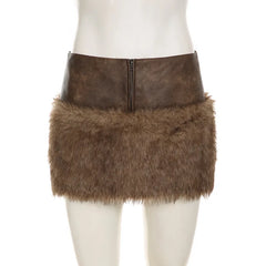 Brown Faux Fur Crop Coat With Patchwork Mini Skirt