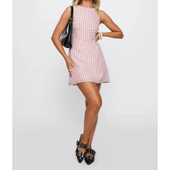 Striped Print Sleeveless Boat Neck Mini Dress