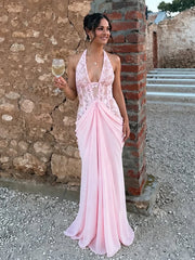 Pink Lace Halter Draped Waist Maxi Dress