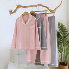 Lace Trim Plaid Long Sleeve Shirt And Pants Two Piece Sleepwear Set