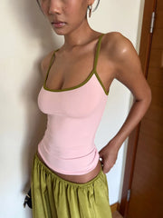 Pink Colour-Blocking Cami Top And Green Elastic Waist Pants Set