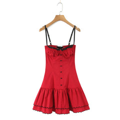 Red Front Button Hem Ruffle A-line Mini Dress
