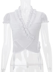 White Short Sleeve Sheer Ruffle Tie Up Top