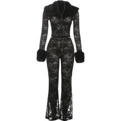 Black Lace Sheer Furry Patchwork Jacket And Pants Set