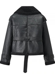 Lapel Belt Fur Lining Faux Leather Jacket