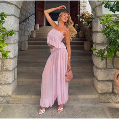 Lace Embroidered Square Neck Sheer Crop Top And Wide Pants Set