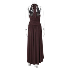 Brown Ruched Halter Midi Dress