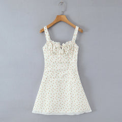 White Rose Flower Print Ruched Chest Mini Dress