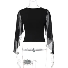 Deep V-Neck Mesh Split Flare Long Sleeve Top